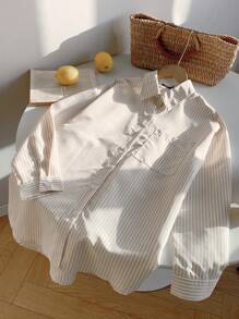 SHEIN Comfortcana Áo sơ mi dài tay kẻ sọc hàng ngày cài nút phía trước cho nữ - Màu be - Xem 5