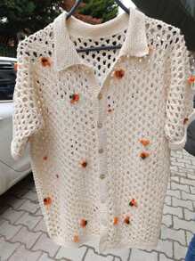 Genlund Pull tricoté à simple boutonnage, décoré de fleurs 3D ajouré, pour homme - Nude - Voir 1