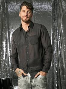 FeverCity Sheer Panel Spread Collar Loose Fit Long Sleeve Men's Shirt With Front Pocket - Black - View 3