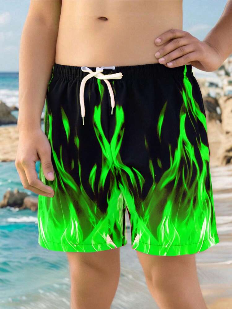 SHEIN Leap Crew Tween Boy Street Style Flame Pattern Swim Trunks, Beach, Swimming, Surfing - Green - View 1