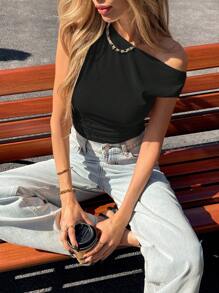 Siren Gaze Áo thun nữ cổ bẻ màu trơn mùa hè đơn giản không đối xứng - màu đen - Xem 2