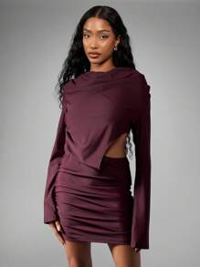 MISSGUIDED Extreme Drape Long Sleeve Cut-Out Mini Dress - Brown - View 1
