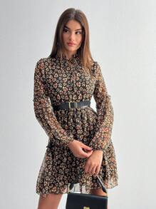 EURMUSE 女士花卉印花结领灯笼袖连衣裙，适合秋季户外 - 彩色 - 查看 5