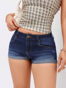 SHEIN EZwear Women Roll-Up Hem Pockets Casual Denim Shorts - Dark Wash - View 4