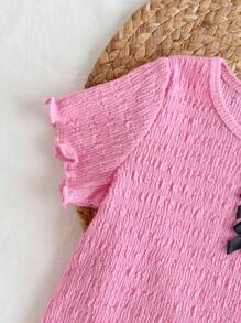 Loomiva Baby Girl Contrasting Ribbon Knitted Soft Round Neck Short Sleeve Ruffled Top - Pink - View 5