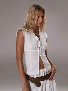 TRNVIE Lace Embroidered V-Neck Ruffle Trim Waist Elegant Sleeveless Button-Up Vacation Blouse For Women - White - View 5