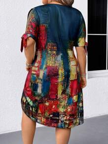 EMERY ROSE Plus Size Casual Allover Print V-Neck Short Sleeve Dress, Summer - Multicolor - View 2