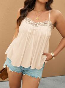 Elaquor Plus Size Solid Color Lace Patchwork Casual Camisole For Summer