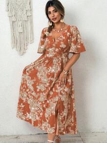 SHEIN Clasi 大码女式 V 领短袖 A 字形不对称开叉下摆中长连衣裙，时尚优雅，春夏 - 彩色 - 查看 3