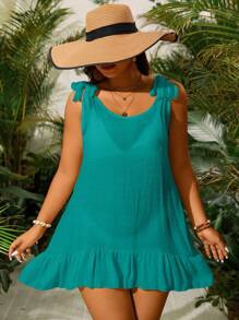 Slaydiva Plus Size Lace Crochet Coverup, Solid Color Spaghetti Strap, Fashionable For Summer - Blue - View 1