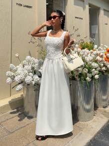 Siren Gaze Summer New Solid Color Three-Dimensional Flower Elegant Wedding Season Long Dress For Women, Graduation Season Dress, Elegant Dress, White Dresses Classy Elegant, White Graduation Dress, Concert Outfits For Women,Graduation Dresses