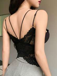 FRIFUL 女士优雅性感纯色蕾丝拼布吊带背心