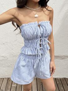 SHEIN EZwear Women Two Pieces Outfits For Daily Wear - Blue and White - View 5