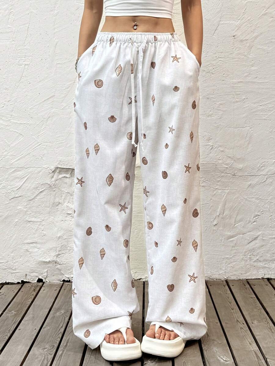 SHEIN EZwear Starfish & Shell Printed Lace-Up Comfy Plus Size Casual Pants Seashell Pants Boho Pants For Women