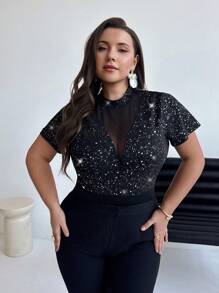 Firerie Plus Size Women Elegant Shine Silver Heat Transfer Mesh Patchwork V-Neck Elastic Bodysuit, Casual Summer Vacation Party Club Wear - Black - View 5