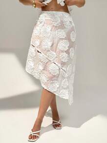 Auralis Falda elegante de oficina con borde asimétrico bordado, para invitada de boda, graduación, iglesia, brunch, talla grande, estilo fairycore, luna de miel, vacaciones en la isla, cumpleaños, blanco