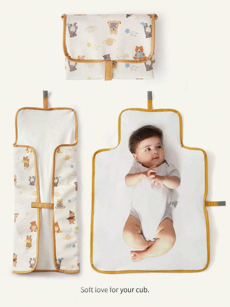 Cozy Pixies Colchoneta cambiadora de pañales para bebé, diseño de oso, se puede usar con bolsa de pañales - Beis - Ver 1