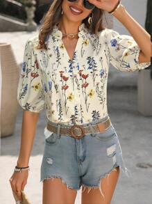 Chiquease Women Fashionable Simple New Spring/Summer Short Puff Sleeve Stand Collar Print White Blouse - Apricot - View 3