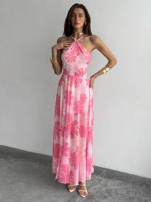 Aloruh Abito da spiaggia vacanza con stampa floreale rosa, elegante e romantico abbigliamento estivo da spiaggia - Rosa Baby - Visualizzare 1