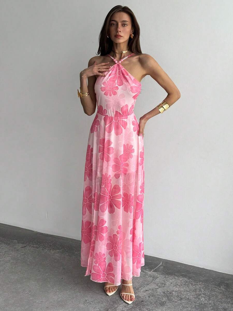 Aloruh Abito da spiaggia vacanza con stampa floreale rosa, elegante e romantico abbigliamento estivo da spiaggia - Rosa Baby - Visualizzare 1