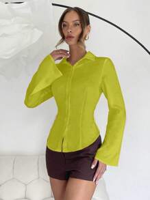 Roylia 1pc Solid Color Casual Front Button Elegant Long Flared Sleeves Shirt White Shirt Womenoffice Blouseformal Blousewhite Shirt For Women Fall Cloth For Women