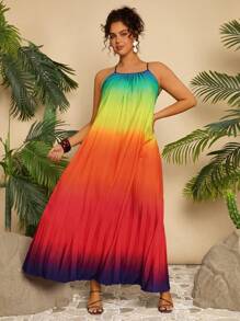 Travachic 加大码女式度假休闲热带风情彩色渐变色吊带裙，夏季长款 - 彩色 - 查看 5