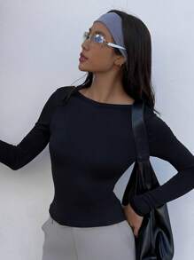 DAZY Sports Casual Plain Exposed Back Long Sleeve Fitted Tee For Women, Spring - Black - View 1
