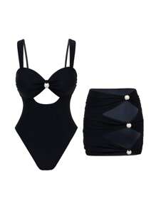 SHEIN Swim New Women's One-Piece Black Wide Strap Pearl Hollow Out Backless Beach Skirt For Summer Beach Vacation - Black - View 6