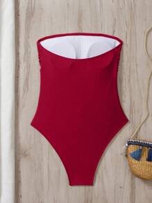 Swim Chiccia Beach Summer Outfits For Women, Solid Color Ruched Bandeau One-Piece Swimsuit - Red - View 6