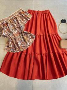 Flirla Plus Size Holiday Off Shoulder Ruffle Top + Casual Vintage Retro Print Skirt 2 Pieces Set - Multicolor - View 1