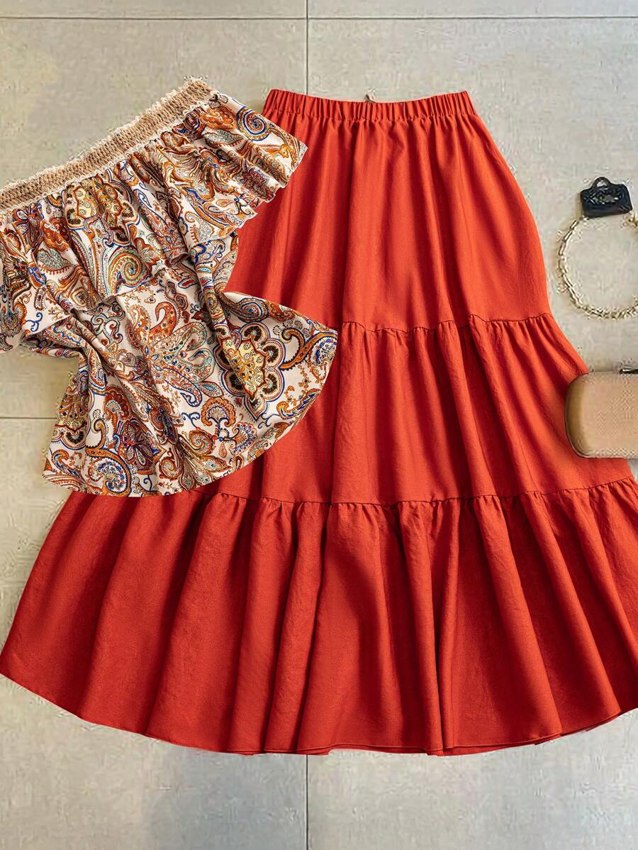 Flirla Plus Size Holiday Off Shoulder Ruffle Top + Casual Vintage Retro Print Skirt 2 Pieces Set - Multicolor - View 1