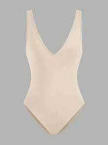 SHEIN EZwear Conjunto de 2 peças com Bodysuit preto e branco de Plus Size, com decote em V profundo, sem mangas e costas abertas, para Verão