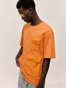 Ontre Camiseta de manga corta cuello redondo de unicolor con bolsillo parche para hombre, adecuada para el verano