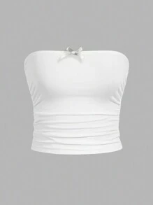 SHEIN EZwear 2 件套女士简约舒适褶饰抹胸短款上衣，适合夏季，蝴蝶结装饰 - 彩色 - 查看 3