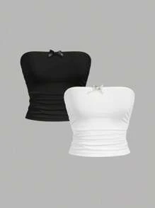 SHEIN EZwear 2 件套女士简约舒适褶饰抹胸短款上衣，适合夏季，蝴蝶结装饰 - 彩色 - 查看 10