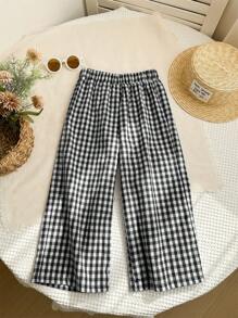 SHEIN LMoss Kids LMoss 少女梭织格纹宽松休闲裤 - 黑色 - 查看 3