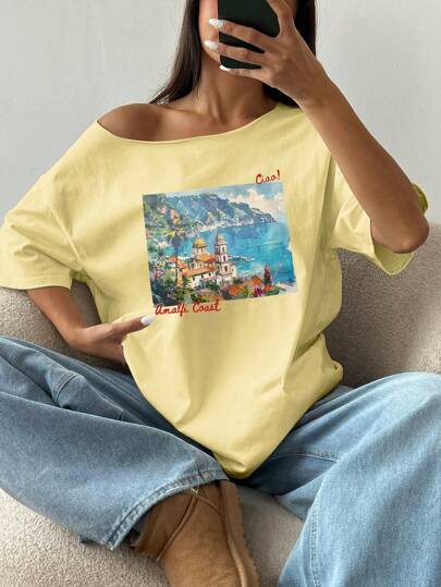 Flirla Oversized Women's Summer Loose Shoulder Revealing T-Shirt With Scenic City Graphic