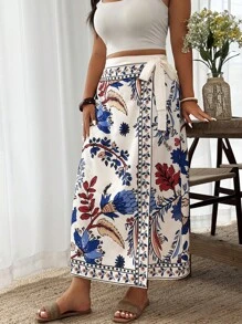 Weeklong Plus Size Summer Floral Print Wrap Tie-Side Skirt For Vacation