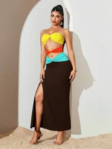 Sirith Vestido ajustado sexy de verano de bloques de color con diseño retorcido y hueco - Multicolor - Ver 3