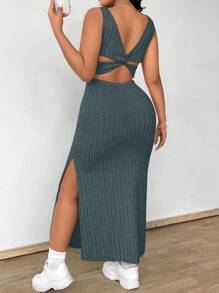 SHEIN MOOSTA Plus Size Solid Color Sleeveless Twist Hollow Out Slit Bodycon Casual Midi Dress Maxi Women Outfit - Blue - View 1