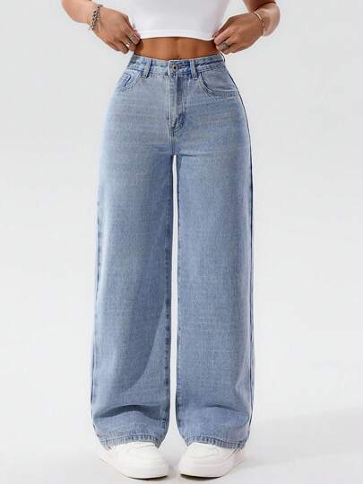 SHEIN PETITE Jeans rectos de unicolor de bolsillo, de moda versátil y casual