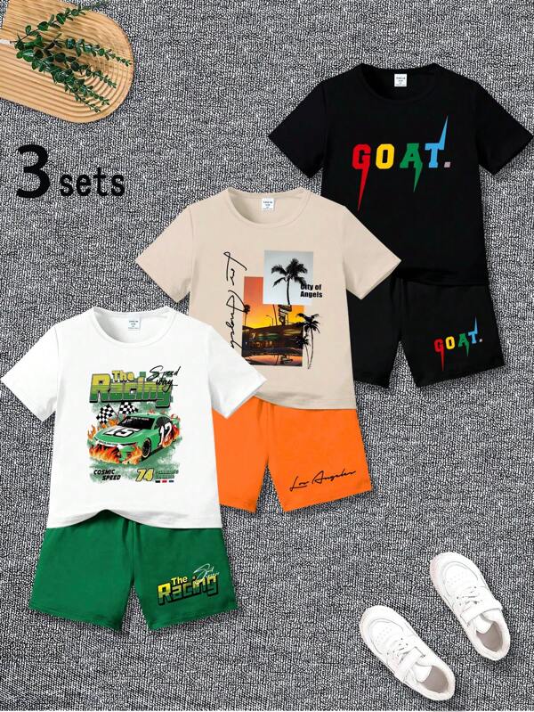 GraphicGems 3 Sets Young Boy Summer Casual Fashion Creative Cartoon Race Car Colorful Letter Graphic Print Crew Neck Short Sleeve Tee And Shorts Set