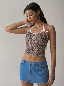SHEIN EZwear Leopard Print Knitted Women's Cropped Slim Fit Halter Neck Top With Bow Decoration