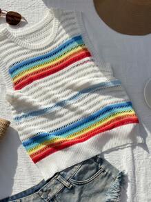 Comfortcana 女式多色条纹印花圆领休闲套头毛衣背心