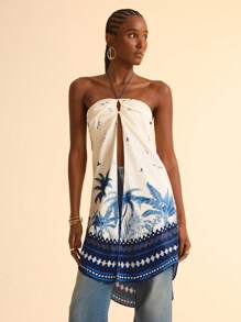 CAJUNI Top corto estivo casual da spiaggia con stampa floreale, nappine, senza spalline, incrociato, traforato, coulisse