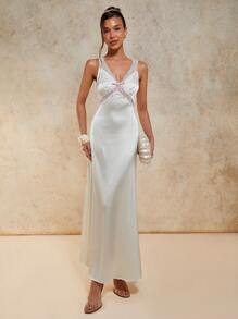 COSMINA Women's Lace Patchwork Backless Sleeveless Dress - Apricot - View 3