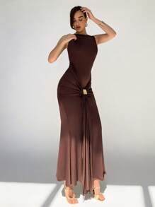 Aloruh Women's Round Neck Sleeveless Knotted Front Fishtail Hem Fitted Elegant Dress Dresses For Wedding Event - Coffee Brown - View 5