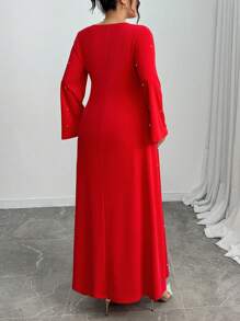 Elenzga Vestito lungo elegante da donna con maniche lunghe, scollo a U, decorato con perline, adatto a taglie forti