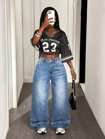 Slaydiva 女式宽松阔腿牛仔裤，带口袋，休闲百搭