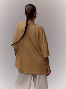 MUSERA V Neck Oversized Top Airport Holiday Back To School Fall Autumn - Khaki - View 2